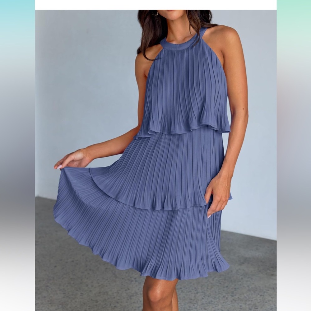 Halter Sleeveless Ruffle Tiered Layered Chiffon Pleated A Line Swing Mini Dress